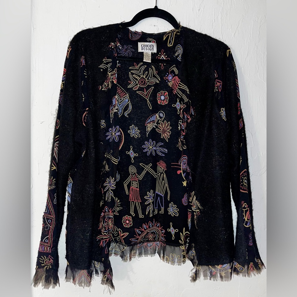 Chico’s Silk Batik Fringe Cardigan / Bolero Style
